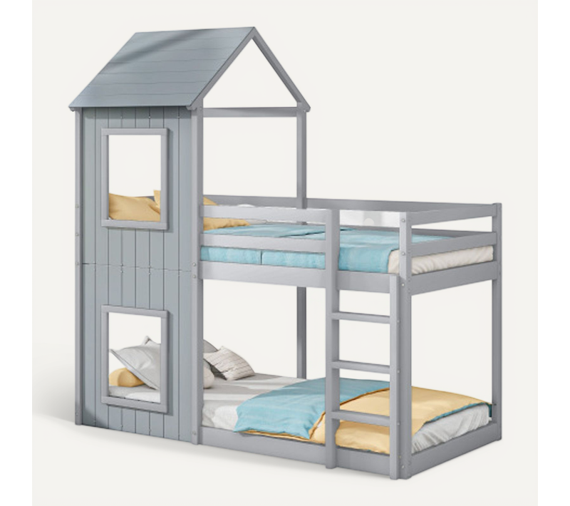 Lit Superposé 90x200 Cm, Lit Enfant En Bois, Avec Échelle Et Baldaquin, Gris