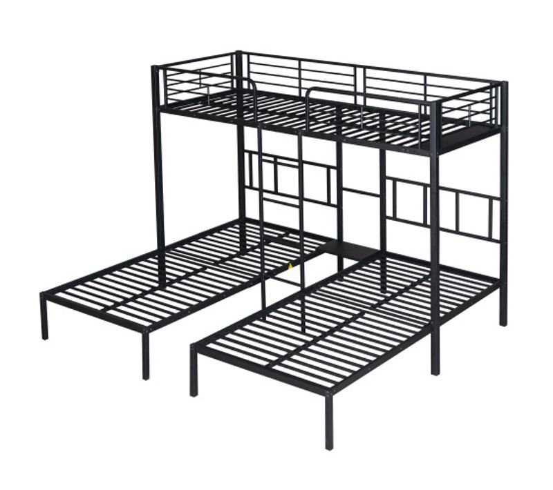 Lit Superposé 90x200 Cm, Lit Enfant, Lit 3 Personnes Avec Barrière De Sécurité Et Table, Noir