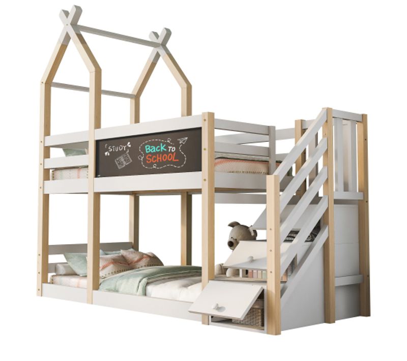 Lit Superposé 90x200 Cm, Lit Enfant, Lit Cabane, Avec Tableau Noir, Naturel Et Blanc