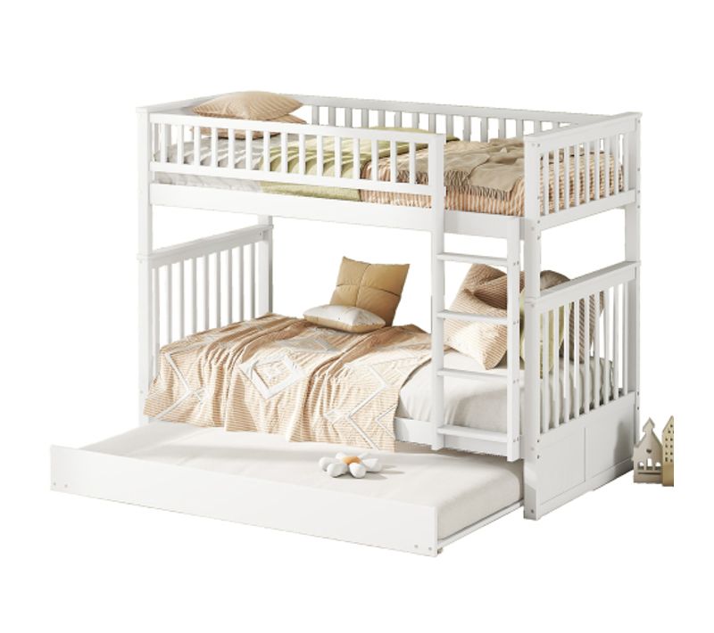 Lit Superposé 90x200 Cm, Lit Enfant, Lit 3 Personnes Avec Lit Gigogne, Garde-corps Hauts, Blanc