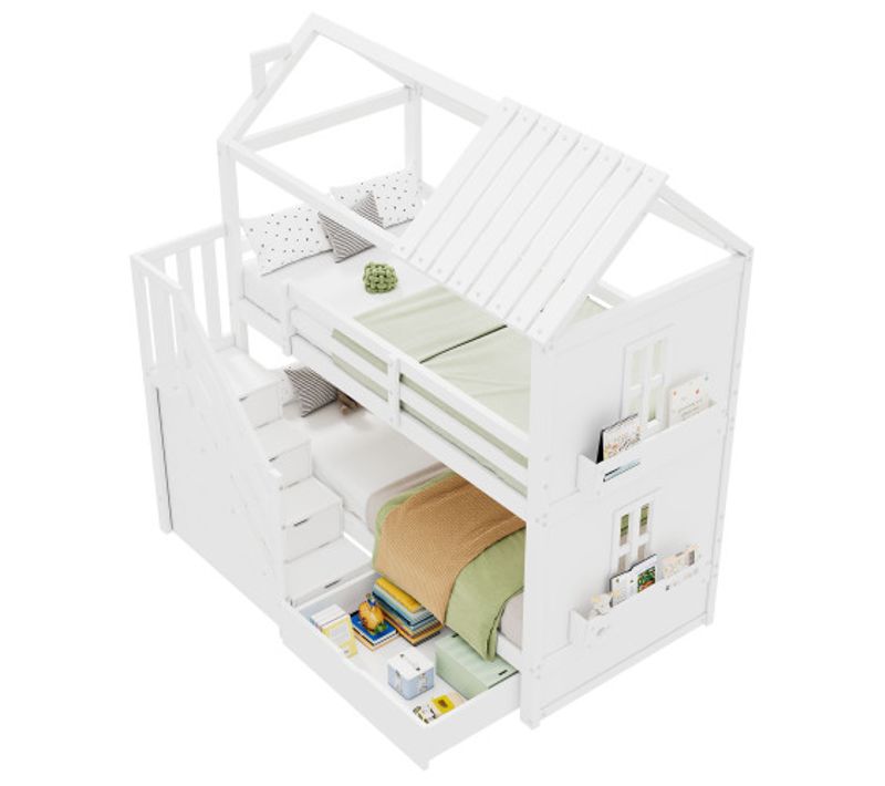 Lit Superposé 90x200 Cm, Lit Enfant En Pin, Avec Escalier De Rangement, Tiroirs Et Étagères, Blanc