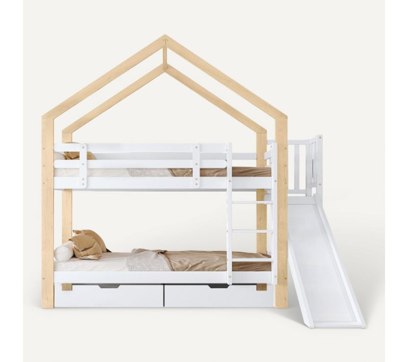 Lit Superposé 90x200 Cm, Lit Enfant Avec Toboggan Et 2 Tiroirs, Blanc Et Naturel
