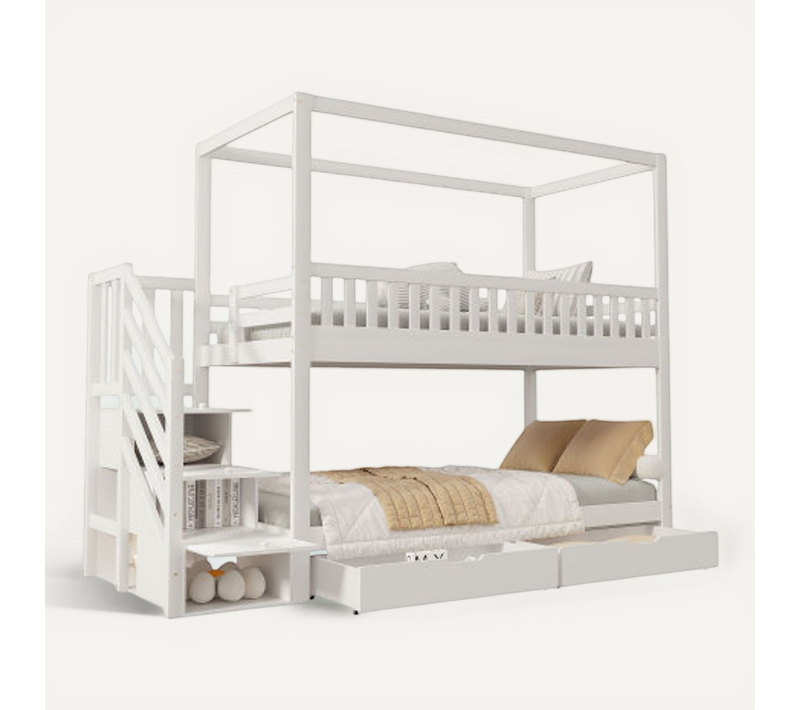 Lit Superposé 90x200 Cm, Lit Enfant, Avec Compartiment De Rangement, 2 Tiroirs, Blanc