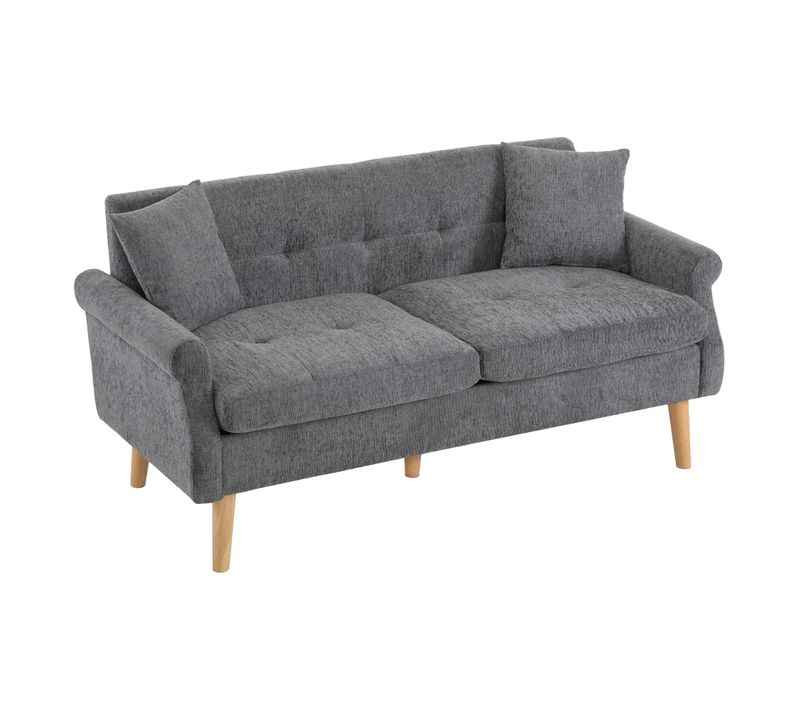 Canapé 2 Places Gris Avec Coussins En Tissu Chenille 162x74x77cm