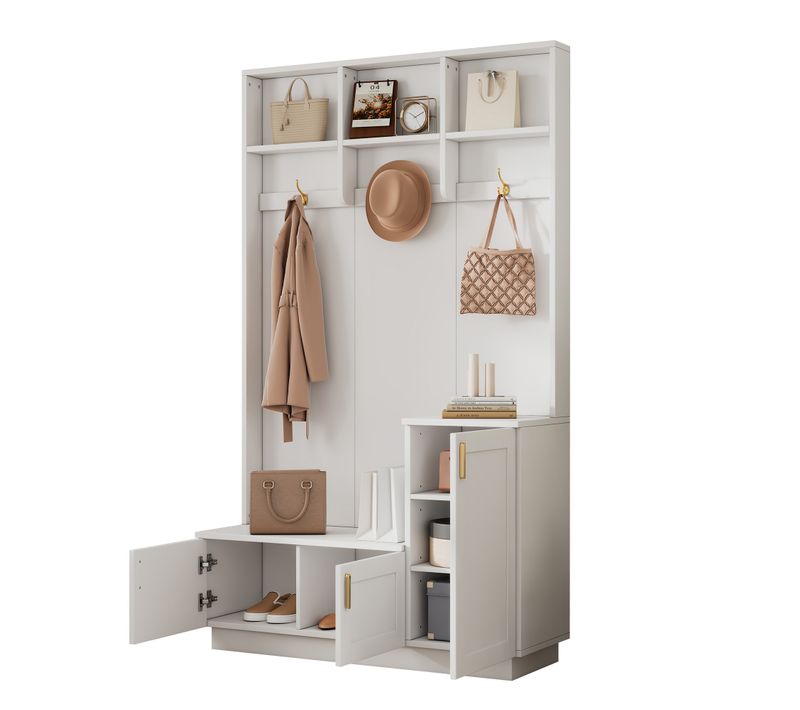 Vestiaire Meuble D’entrée Blanc Avec Étagère Réglable Et Rangement Fermé H.200cm