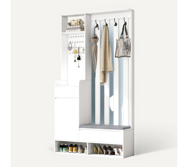 Vestiaire D’entrée Blanc Avec Banc, 3 Tiroirs, Patères, Étagère – H.180cm