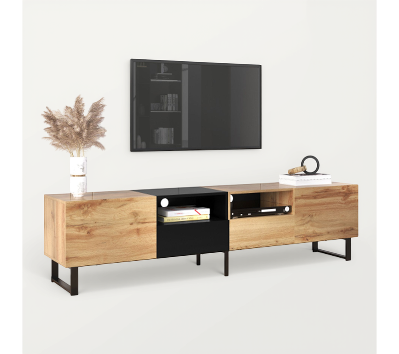Meuble TV Noir Et Bois Avec Espace De Rangement Spacieux Et Ouvert, 2 Tiroirs, Pieds En Métal