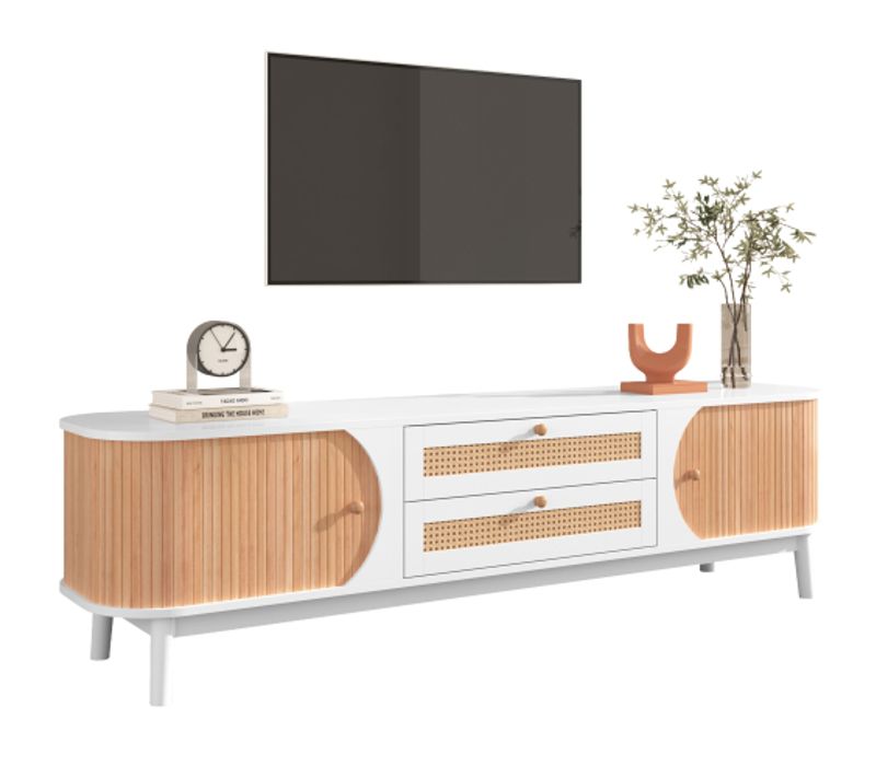 Meuble TV Blanc Et Bois Avec 2 Portes Et 2 Tiroirs, Côtés En Rotin