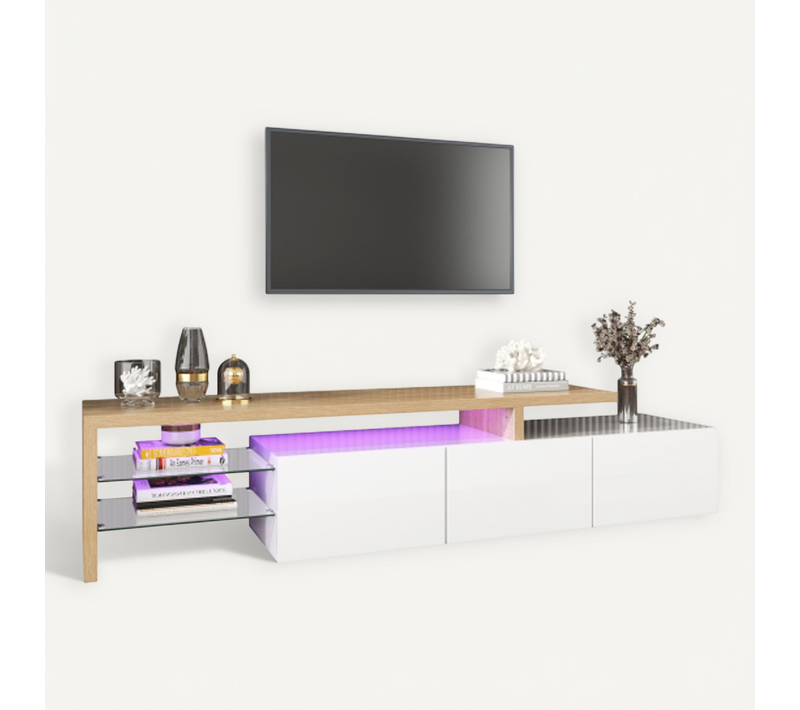 Meuble TV Bois Et Blanc Avec Espace De Rangement, Étagères En Verre, Éclairage LED
