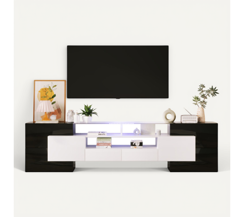 Meuble TV 200 Cm, Meuble TV Blanc Et Noir Avec Éclairage LED, Casiers Et Rangements Ouverts
