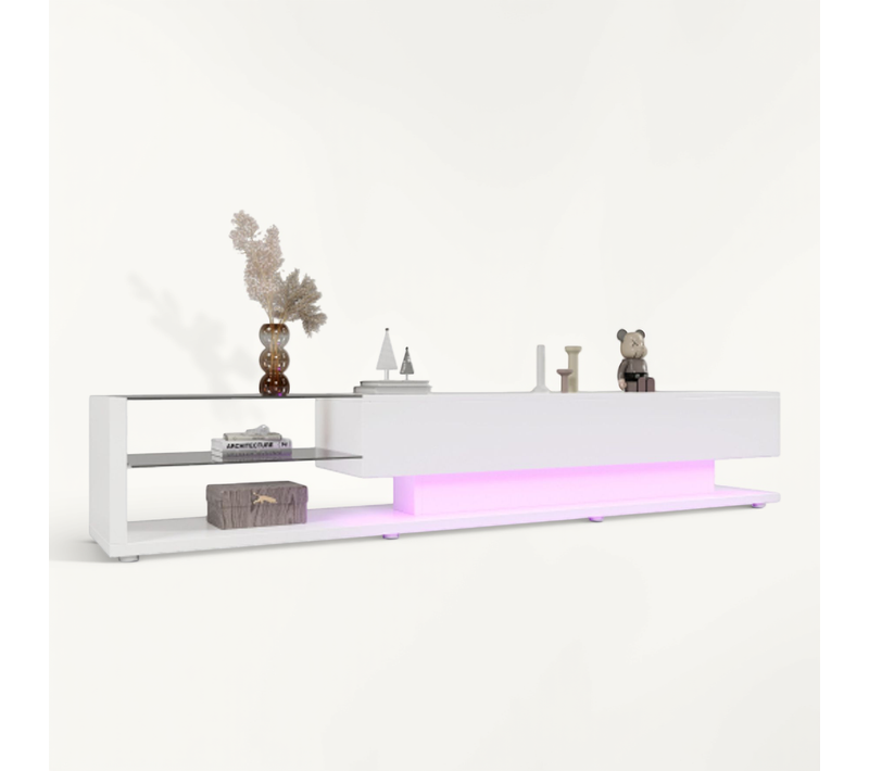 Meuble TV Blanc Avec Panneaux Bas, 2 Tiroirs, Les Cloisons En Verre Et L'éclairage LED Variable