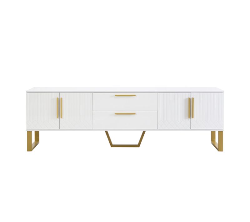 Meuble TV Blanc Avec 2 Casiers Et 2 Tiroirs, Poignées Et Pieds Dorés, Porte Avec Texture Gravée
