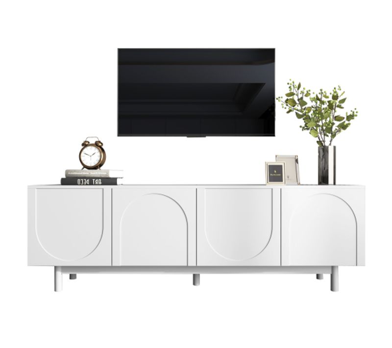 Meuble TV Bas Avec Plateaux Superposés, Avec Portes Texturées, 2 Casiers, Blanc