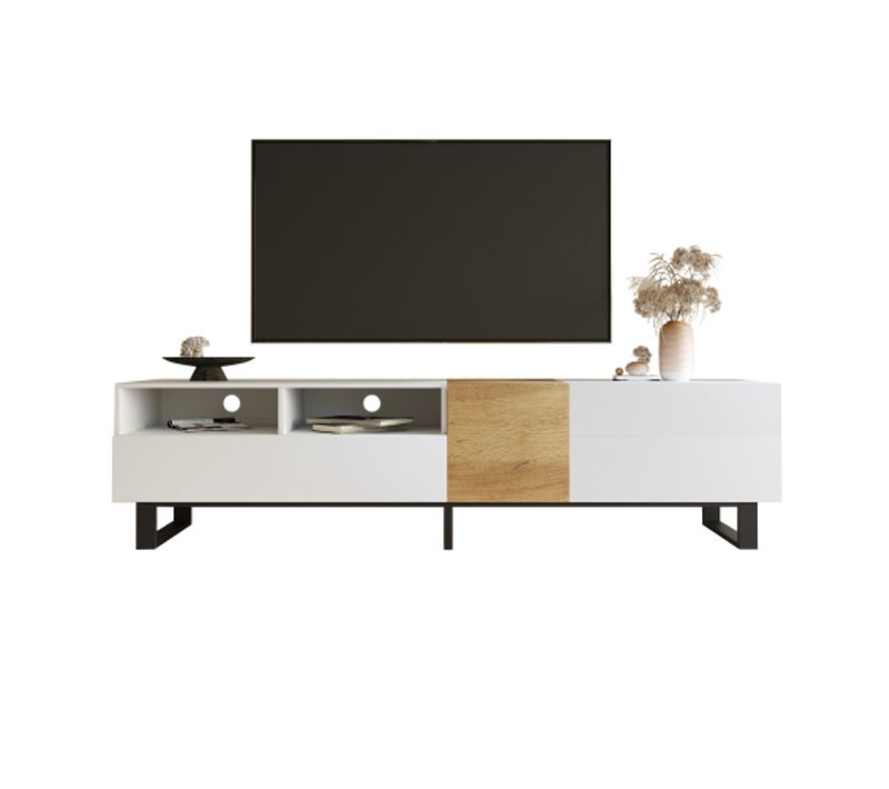 Meuble TV 180 Cm, Meuble TV Blanc Et Bois Avec 2 Rangements Ouverts Et 2 Tiroirs, Avec Caiser
