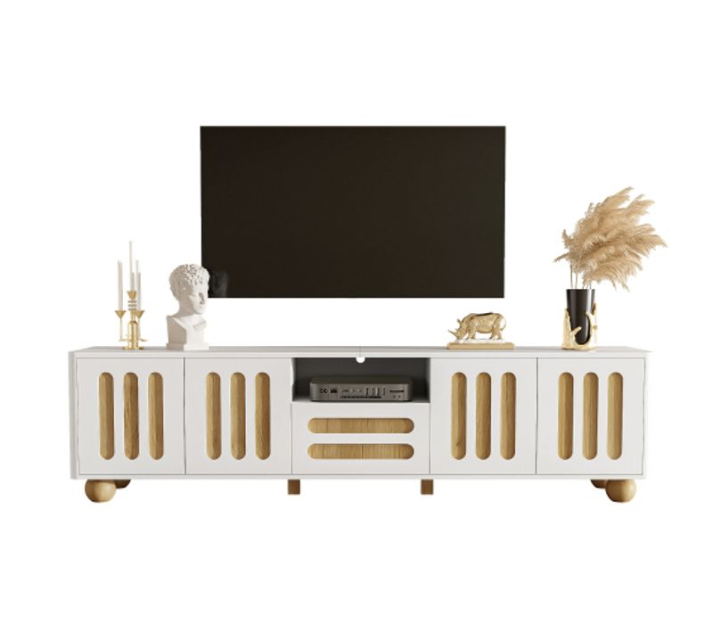 Meuble TV 180 Cm, Meuble TV Blanc Et Bois Avec 4 Portes, Tiroir Et Éclairage LED, Pieds Sphériques
