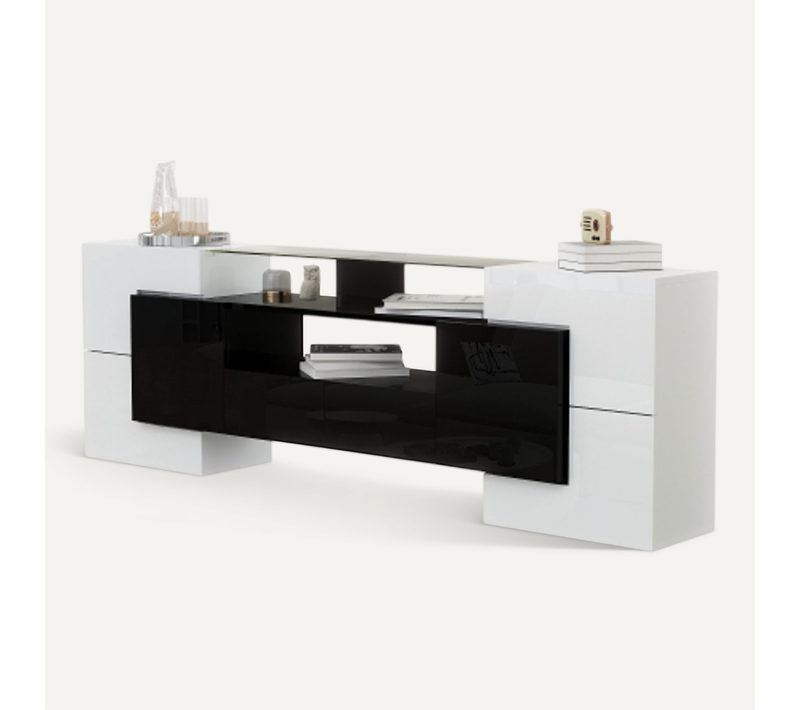 Meuble TV 200 Cm, Meuble TV Blanc Et Noir Avec LED, 3 Rangements Ouverts, 4 Casiers Et 2 Tiroirs
