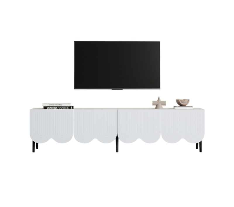 Meuble TV 180 Cm, Meuble TV Blanc Avec 2 Casiers Et Gestion Des Câbles, Conception De Vagues