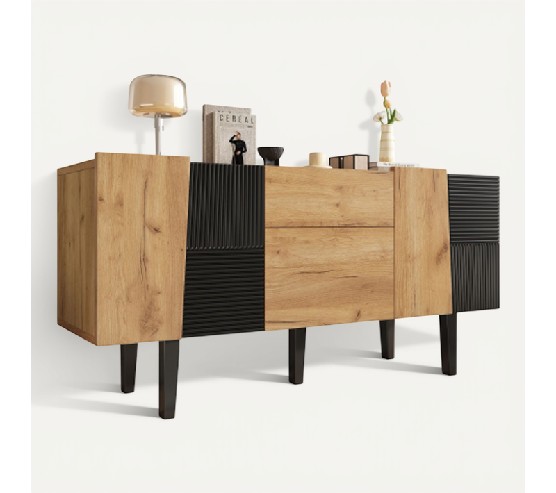 Meuble TV Bois Et Noir Avec 2 Tiroirs Et 4 Portes, Pieds En Bois