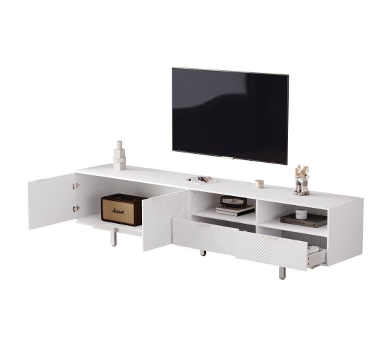 Meuble TV 200 Cm, Meuble TV Blanc Avec Casier, 2 Tiroirs Et 2 Rangements Ouverts