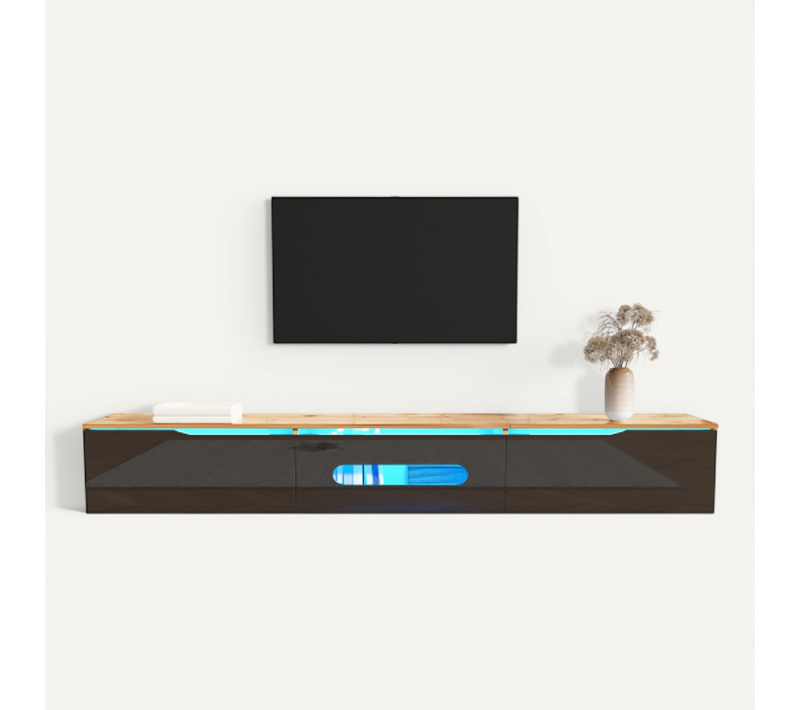 Meuble TV 180 Cm, Meuble TV Bois Et Noir Avec Éclairage LED 16 Couleurs, 3 Casiers
