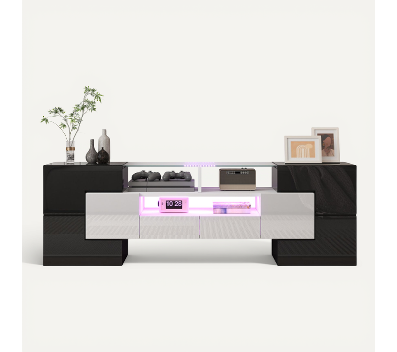 Meuble TV Noir Et Blanc Avec Éclairage LED, 3 Rangements Ouverts, 2 Tiroirs Et 4 Casiers