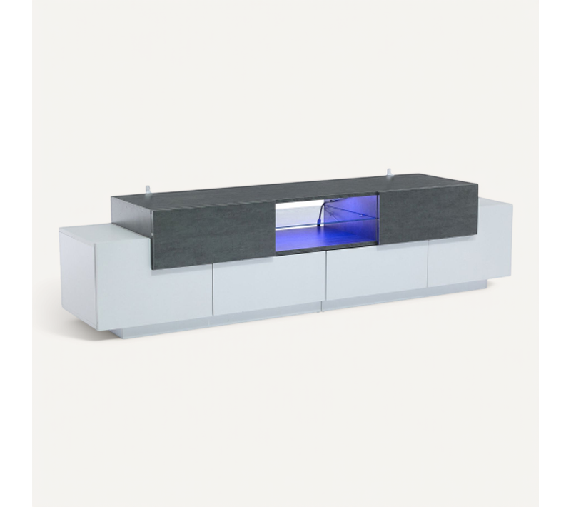 Meuble TV 180 Cm, Meuble TV Blanc Et Gris Avec 2 Tiroirs, 4 Portes, Étagère En Verre, Éclairage LED