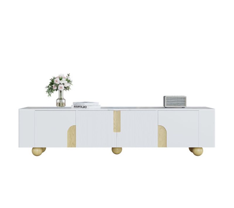 Meuble TV 180 Cm, Meuble TV Blanc Avec 4 Portes, Plateau Motif Marbre, Pieds Sphériques En Bois