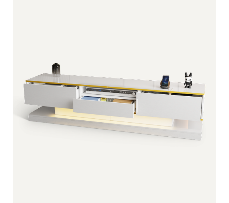Meuble TV 180 Cm Avec 3 Tiroirs, Compartiments De Rangement, Éclairage LED, Finition Dorée, Blanc