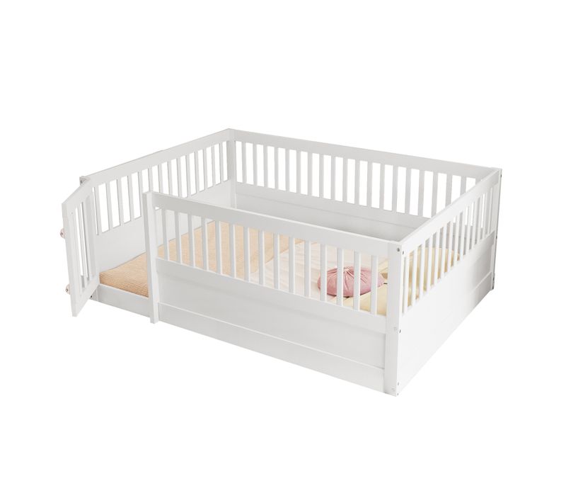 Lit Enfant Au Sol 140x200cm Avec Barrières Et Porte , Bois, Blanc