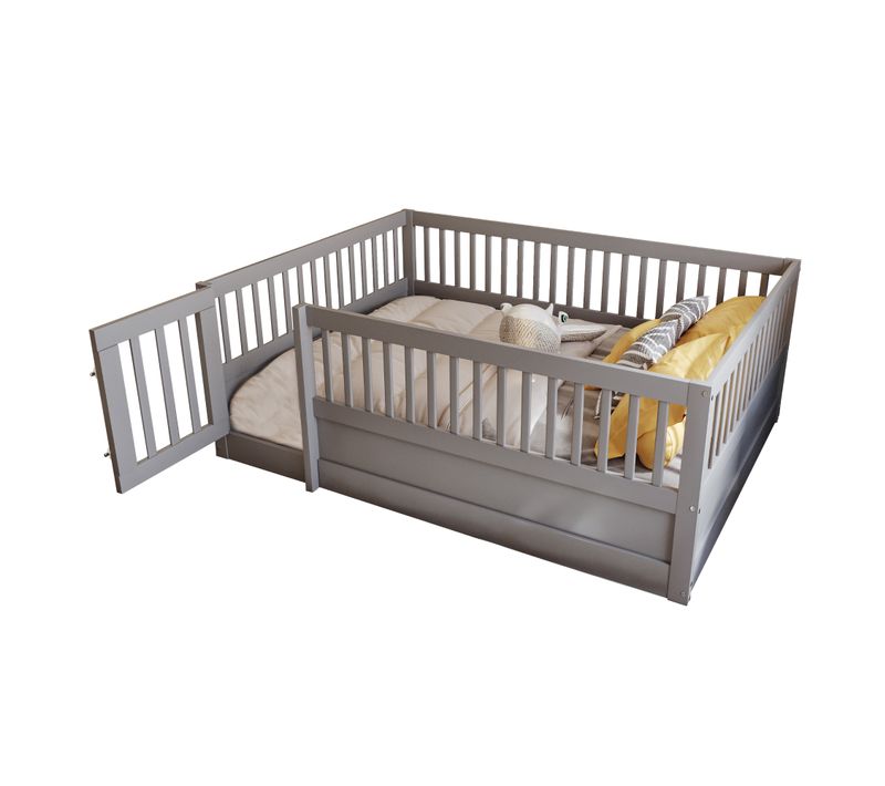 Lit Enfant Au Sol 140x200cm Avec Barrières Et Porte , Bois, Gris
