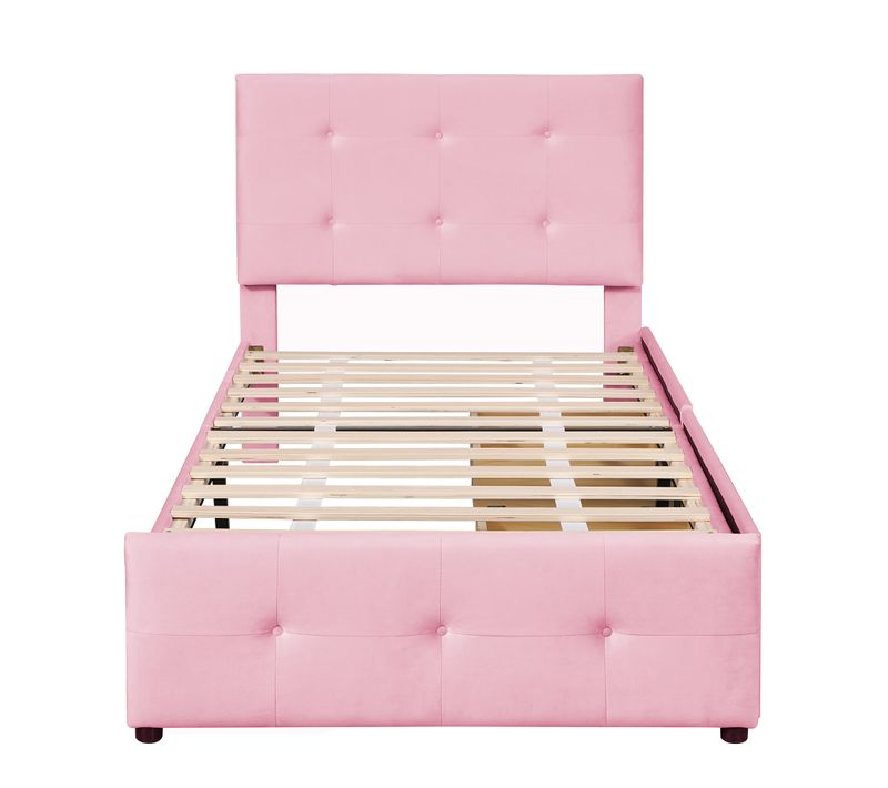 Lit Enfant 90x200cm En Velours Rose Avec 2 Tiroirs Et Sommier