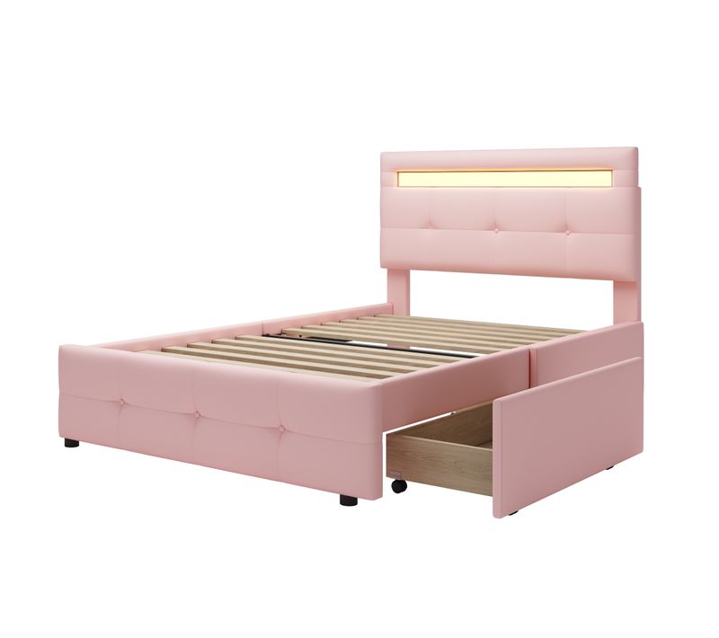 Lit Enfant LED 90x200cm Rose Avec 2 Tiroirs, Éclairage Et Sommier, En Lin