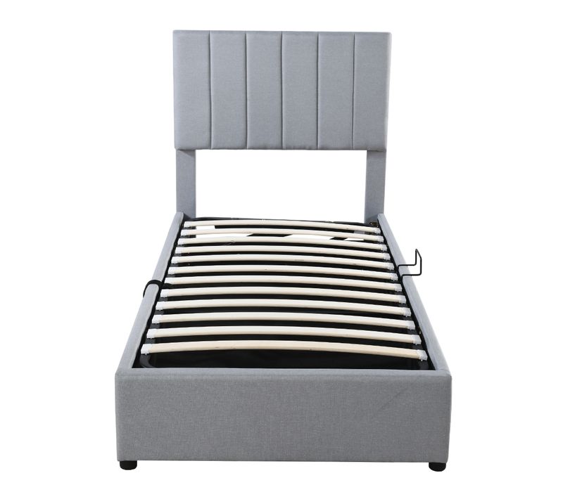 Lit Coffre Enfant 90x200cm Avec Tête De Lit Réglable Et Sommier, Lin, Gris