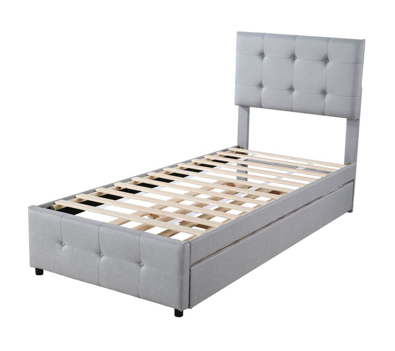 Lit Gigogne Enfant 90x200cm Avec Tête De Lit Réglable Et Sommier, Lin Gris