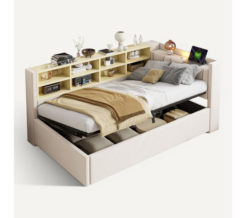 Lit Coffre 90x200cm , Tête De Lit Avec Ports USB Et Étagères, Velours Beige
