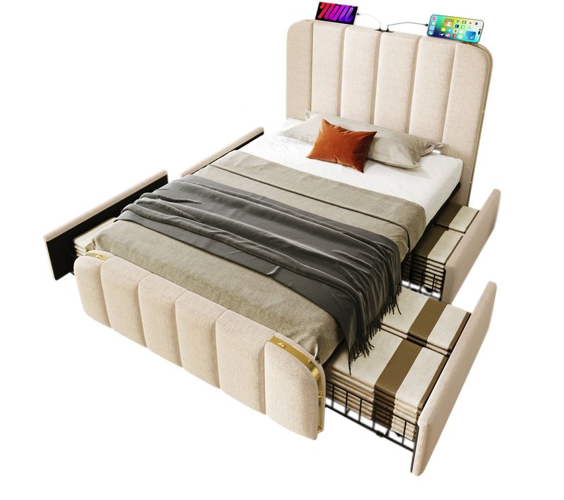 Lit Enfant Simple 90x200cm Avec 4 Tiroirs De Rangement Et Port USB,type-c, Lin Beige