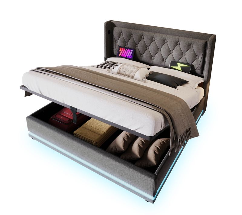 Lit Coffre Adulte 180x200cm Avec LED, Ports USB,type-c Et Sommier, Coton Gris