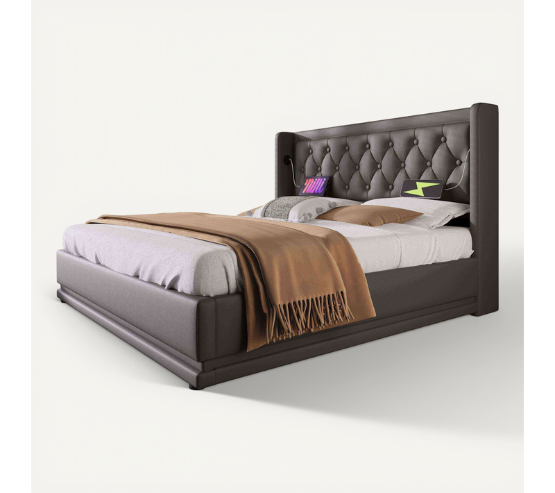 Lit Coffre LED 160x200cm Avec Ports De Charge, Rangement Et Sommier, Pu Noir