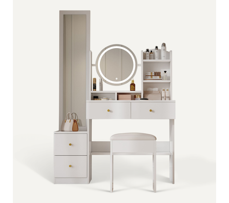 Coiffeuse 4 En 1 En Bois Avec Miroir LED 3 Couleurs,tabouret,blanc