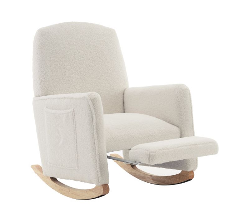 Rocking Chair, Fauteuil à Bascule En Tissu Teddy, Avec Repose-pieds Extensible, Sac Latéral, Blanc
