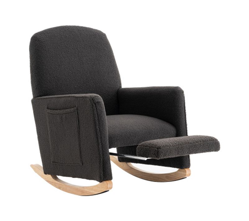 Rocking Chair, Fauteuil à Bascule En Tissu Teddy, Avec Repose-pieds Extensible, Sac Latéral, Noir