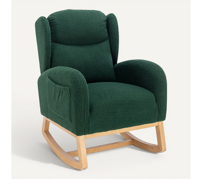 Rocking Chair, Fauteuil à Bascule En Tissu Teddy, Fauteuil à Oreilles, Avec Sac Latéral, Vert