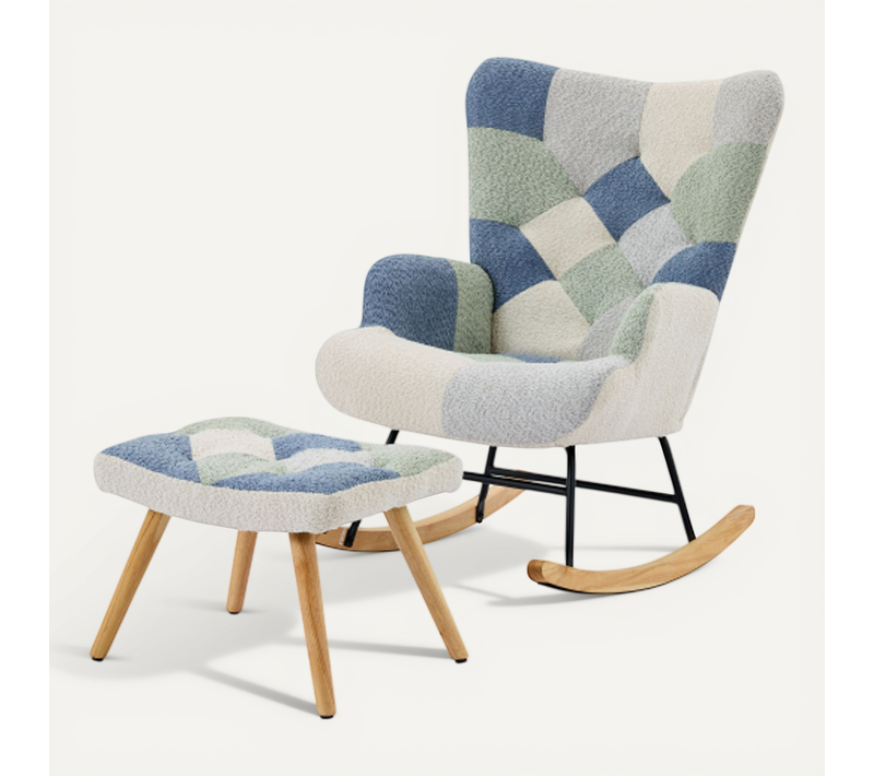 Rocking Chair, Fauteuil à Bascule Avec Repose-pieds, Couleurs Patchwork, Motif Pied-de-poule