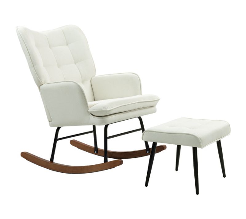 Rocking Chair, Fauteuil à Bascule En Lin Avec Repose-pieds, Capacité De Charge De 130 Kg, Blanc