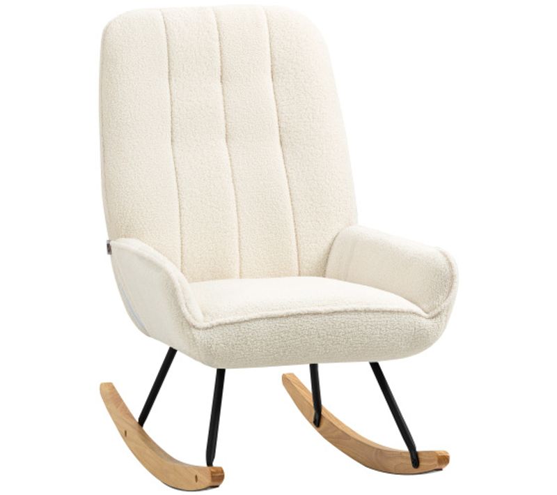 Rocking Chair, Fauteuil à Bascule Avec Polaire, Charge De 150 Kg, Patins En Bois, Blanc
