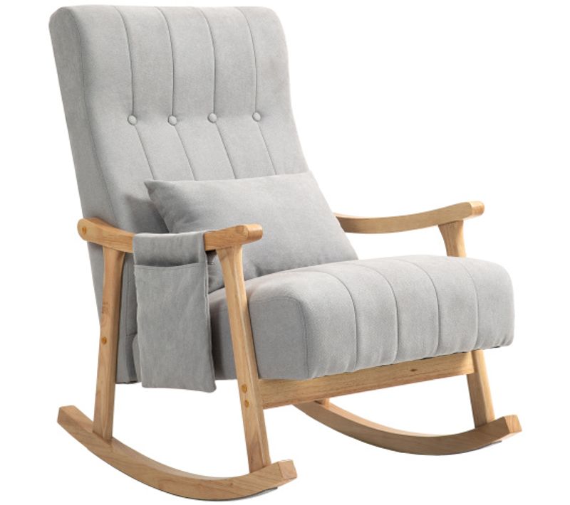 Rocking Chair, Fauteuil à Bascule En Tissu Avec Coussin Lombaire Et Poche Latérale, Gris