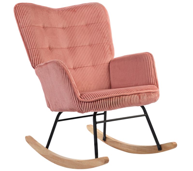 Rocking Chair, Fauteuil à Bascule En Velours Côtelé Avec Accoudoir, Patins En Bois, Rose