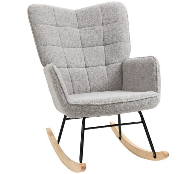 Rocking Chair, Fauteuil à Bascule En Polaire Berbère Avec Accoudoirs, Patins En Bois, Gris Clair