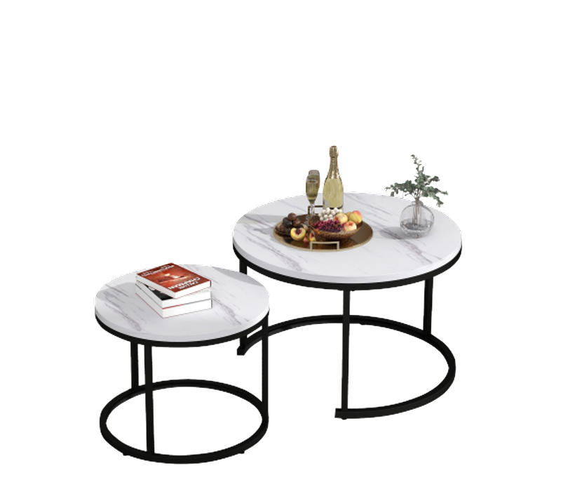 Lot De 2 Tables Basses Gigognes Rondes, En Placage De Marbre, Cadre Noir, Table Basse Pour Salon