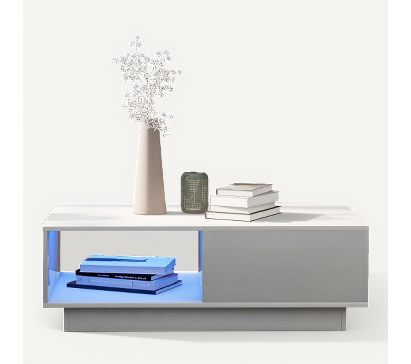 Table Basse Rectangulaire Blanche Avec LED, Rangement Ouvert Et Tiroir, Table Basse Pour Salon